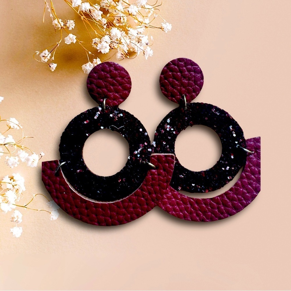 Red /wine colored faux leather earrings with red glitter hoop